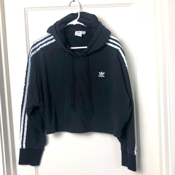 adidas Tops - Adidas Crop Top Hoodie Womens Large Sweatshirt Black Stripes Logo